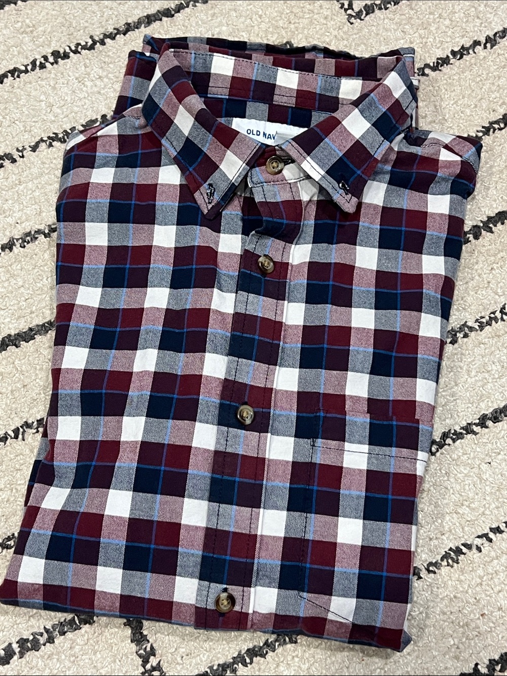 Old Navy Men's Burgundy Navy White Plaid Button-Down Shirt